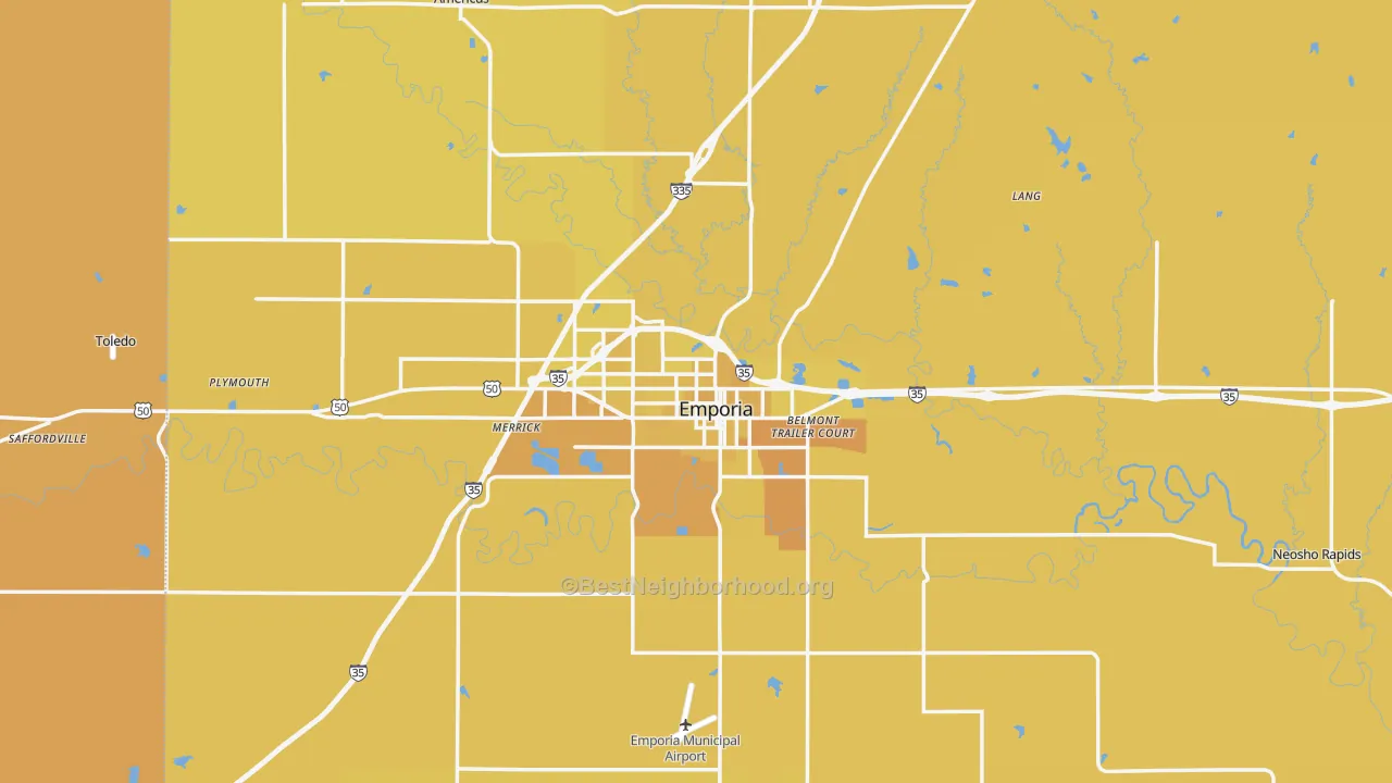 Map of the best neighborhoods in the Emporia area, with better matches in green and worse matches in red
