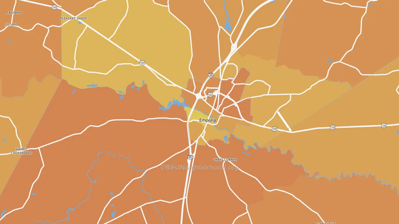 Map of the best neighborhoods in the Emporia area, with better matches in green and worse matches in red