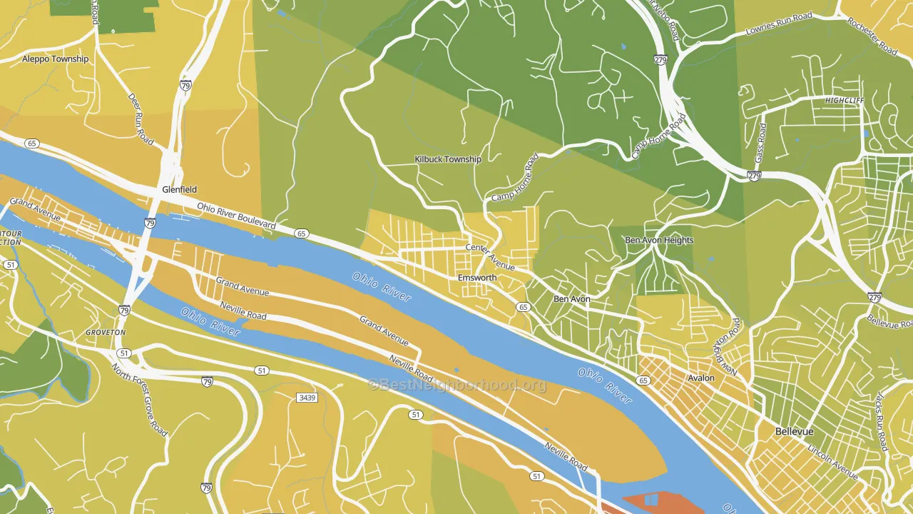 Map of the best neighborhoods in the Emsworth area, with better matches in green and worse matches in red