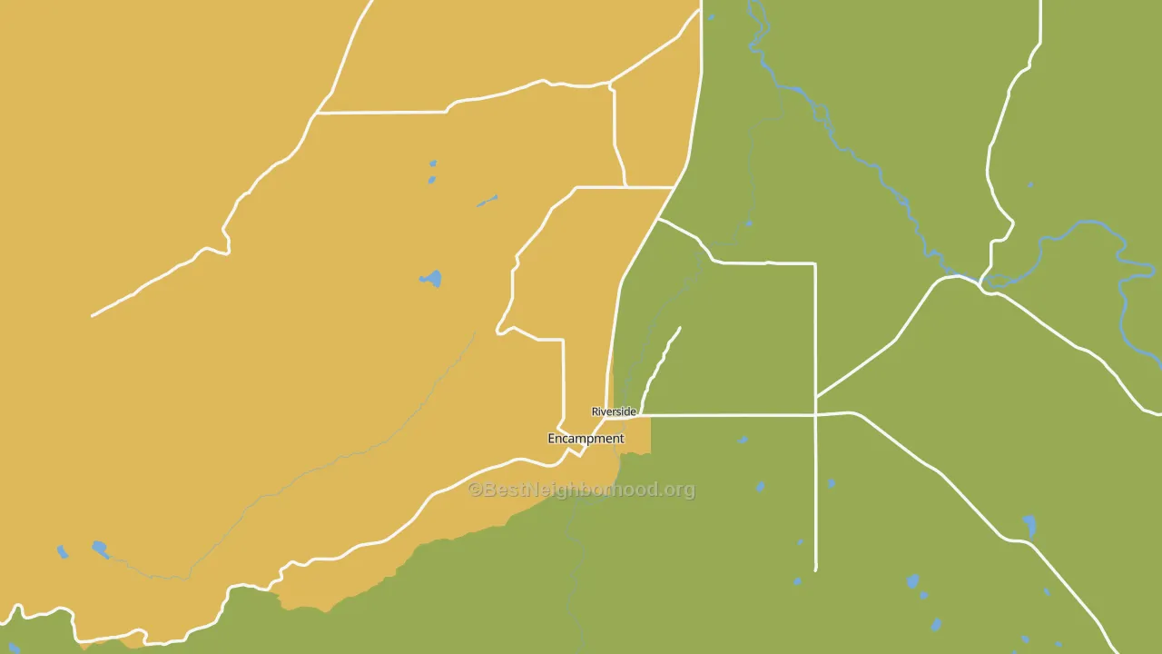 Map of the best neighborhoods in the Encampment area, with better matches in green and worse matches in red
