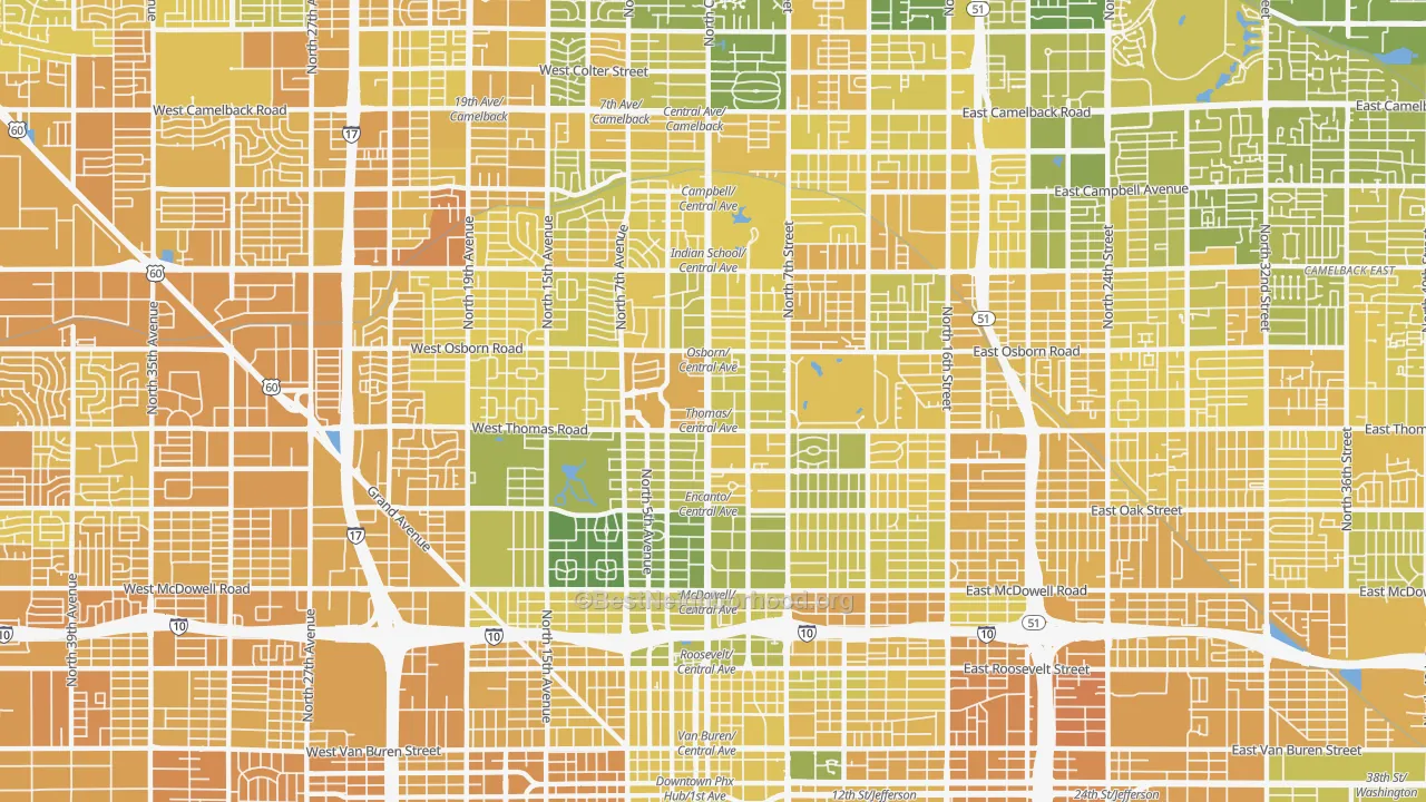 Map of the best neighborhoods in the Encanto, Phoenix area, with better matches in green and worse matches in red