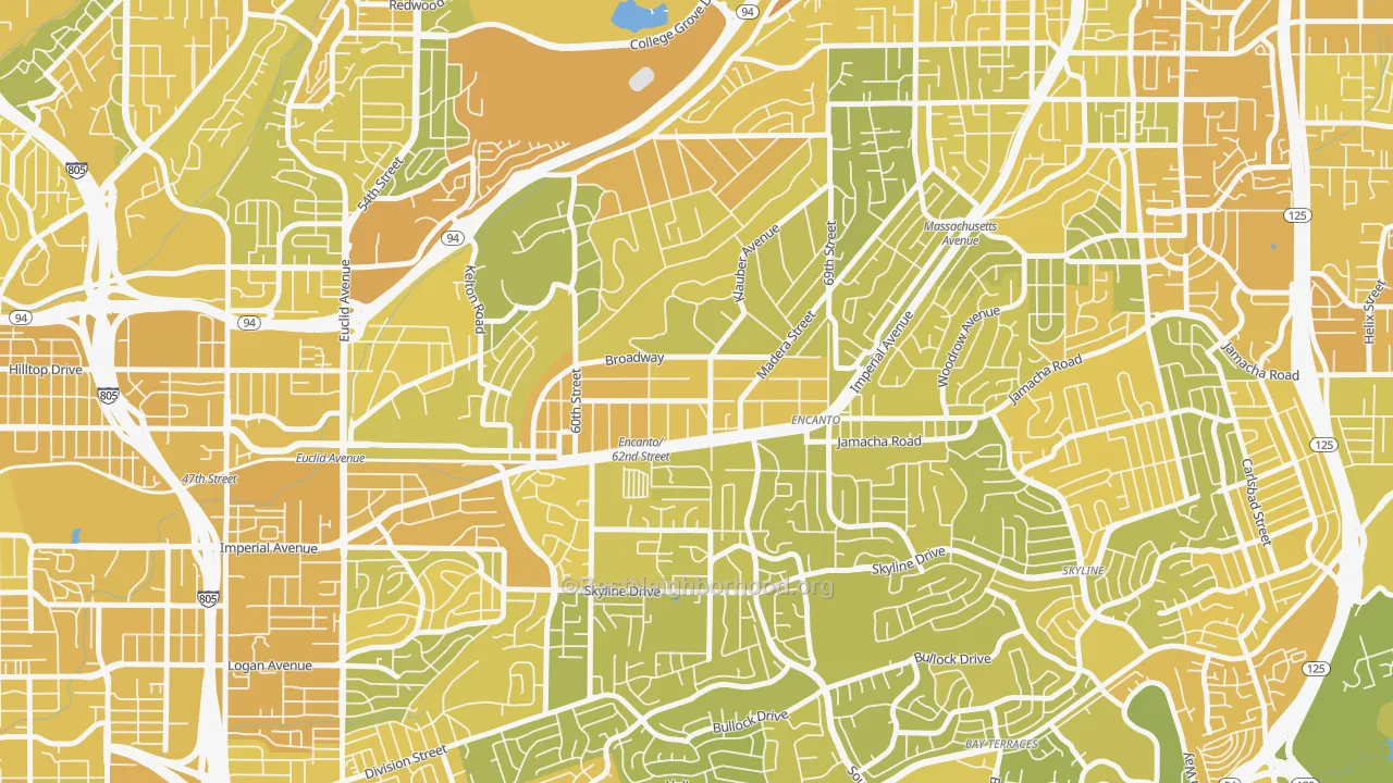 Map of the best neighborhoods in the Encanto, San Diego area, with better matches in green and worse matches in red