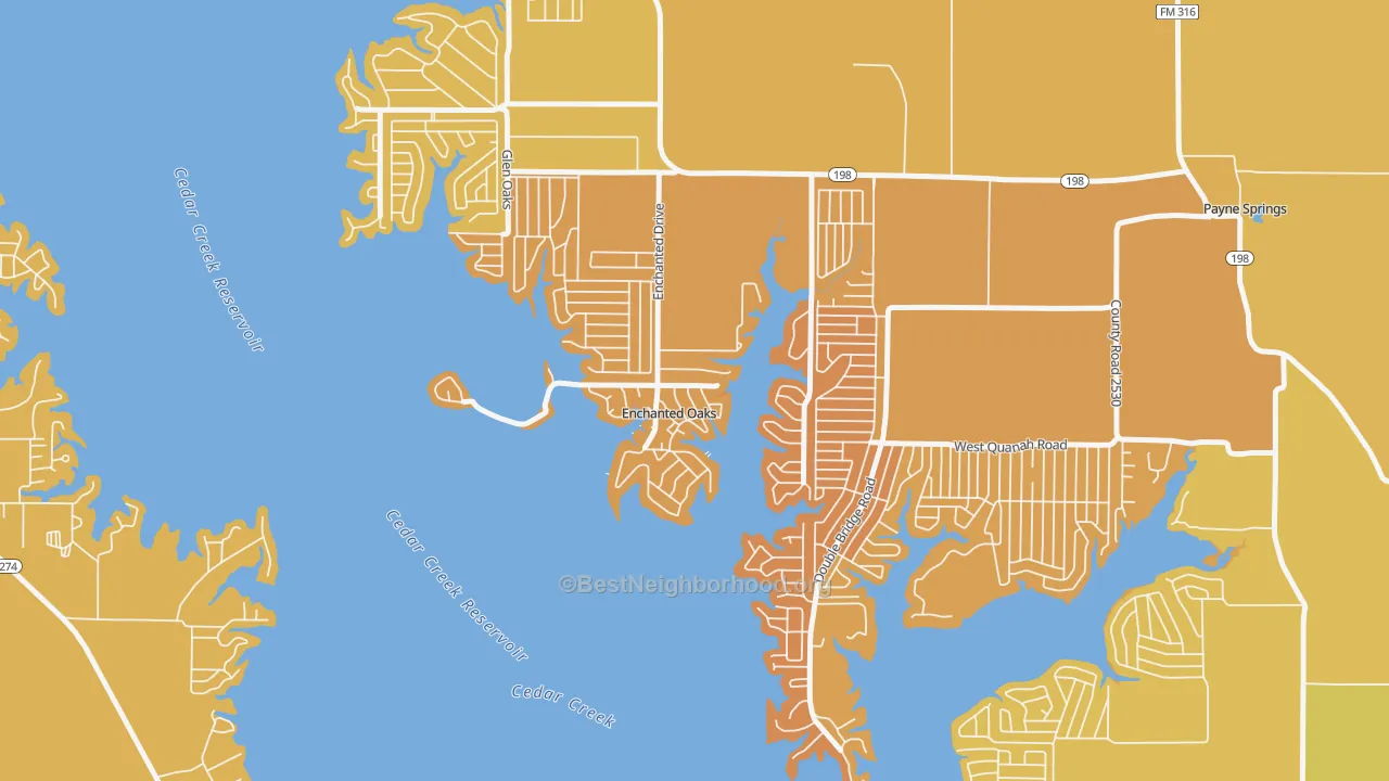 Map of the best neighborhoods in the Enchanted Oaks area, with better matches in green and worse matches in red
