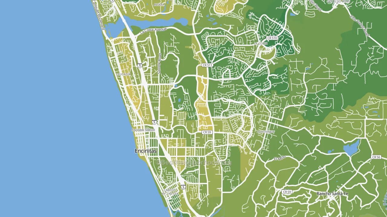 Map of the best neighborhoods in the Encinitas area, with better matches in green and worse matches in red