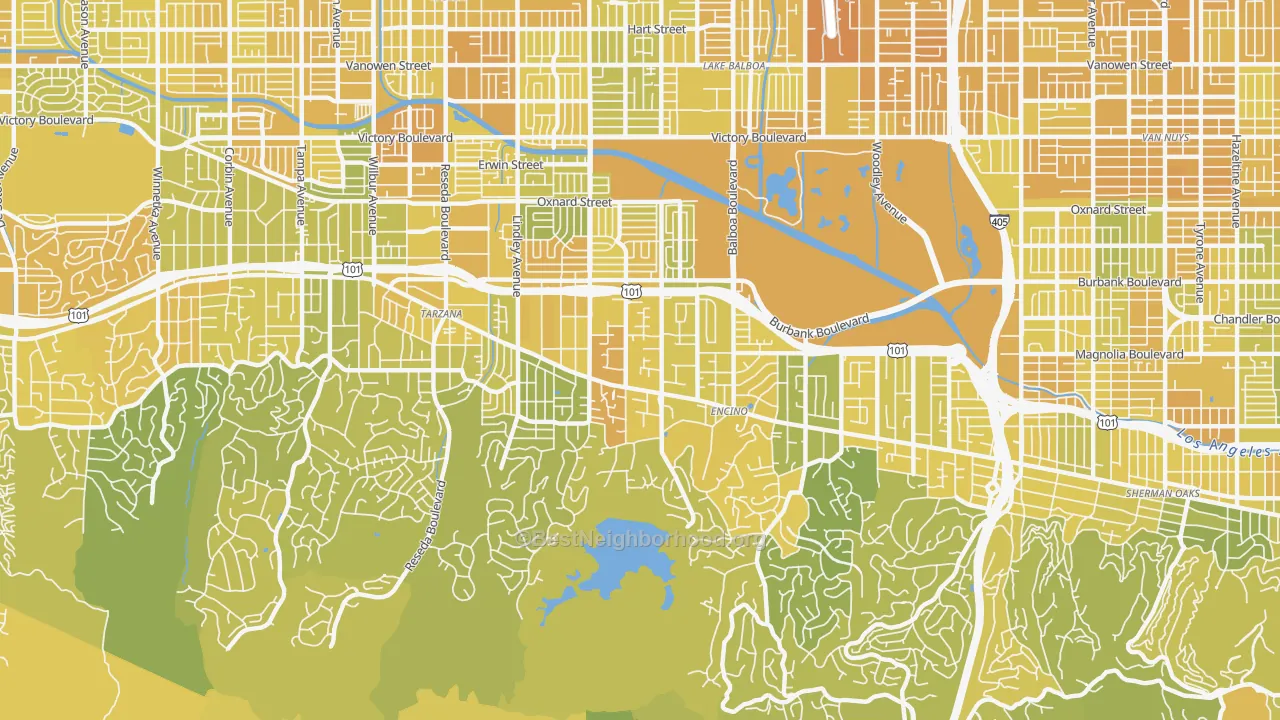 Map of the best neighborhoods in the Encino area, with better matches in green and worse matches in red