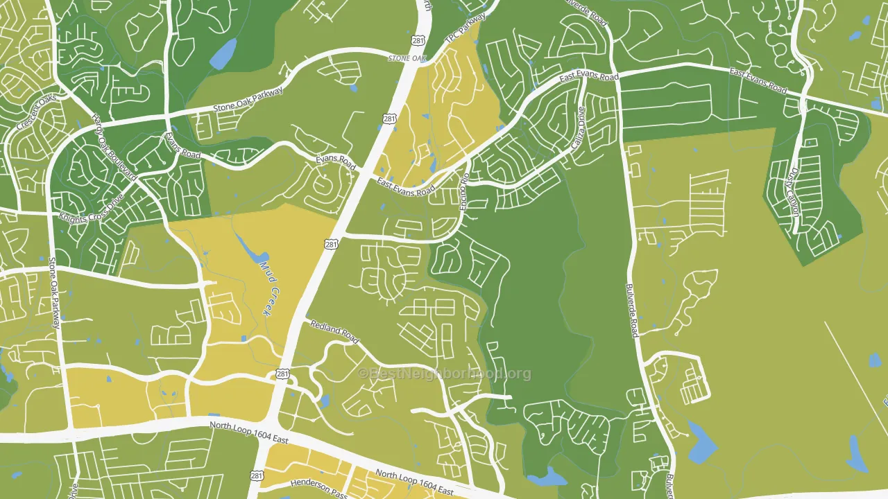 Map of the best neighborhoods in the Encino Park, San Antonio area, with better matches in green and worse matches in red