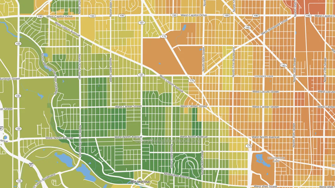 Map of the best neighborhoods in the Enderis Park, Milwaukee area, with better matches in green and worse matches in red