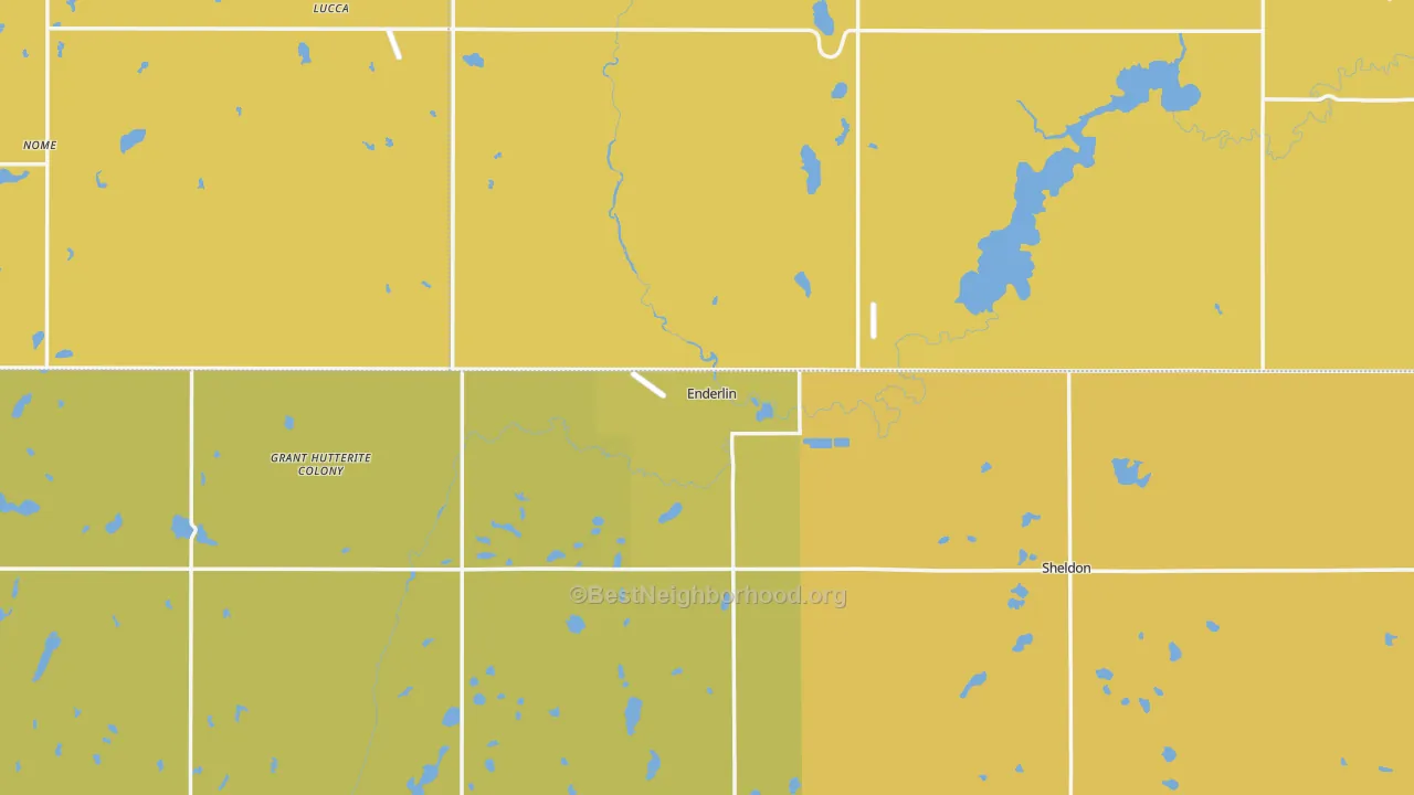 Map of the best neighborhoods in the Enderlin area, with better matches in green and worse matches in red