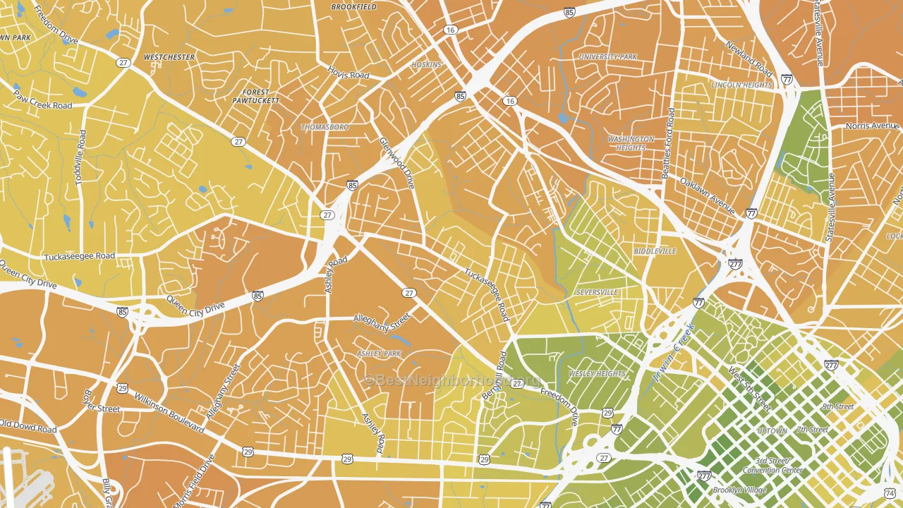 Map of the best neighborhoods in the Enderly Park, Charlotte area, with better matches in green and worse matches in red