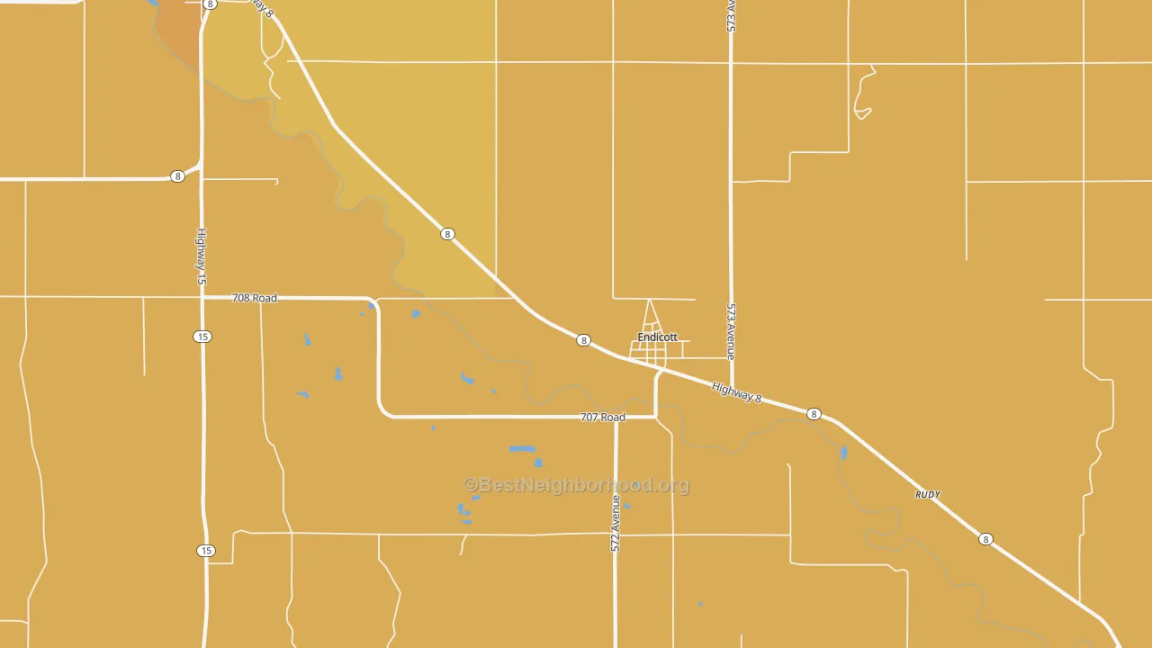 Map of the best neighborhoods in the Endicott area, with better matches in green and worse matches in red