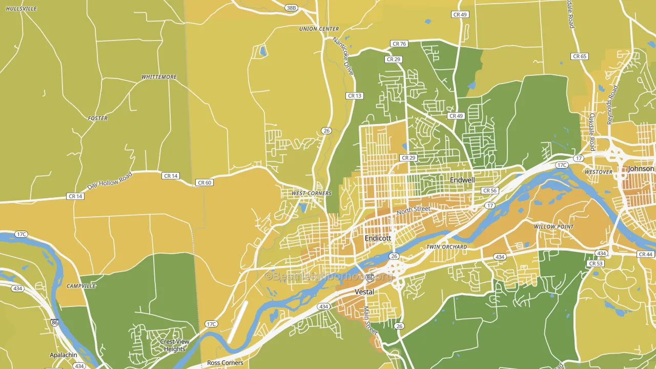 Map of the best neighborhoods in the Endicott area, with better matches in green and worse matches in red