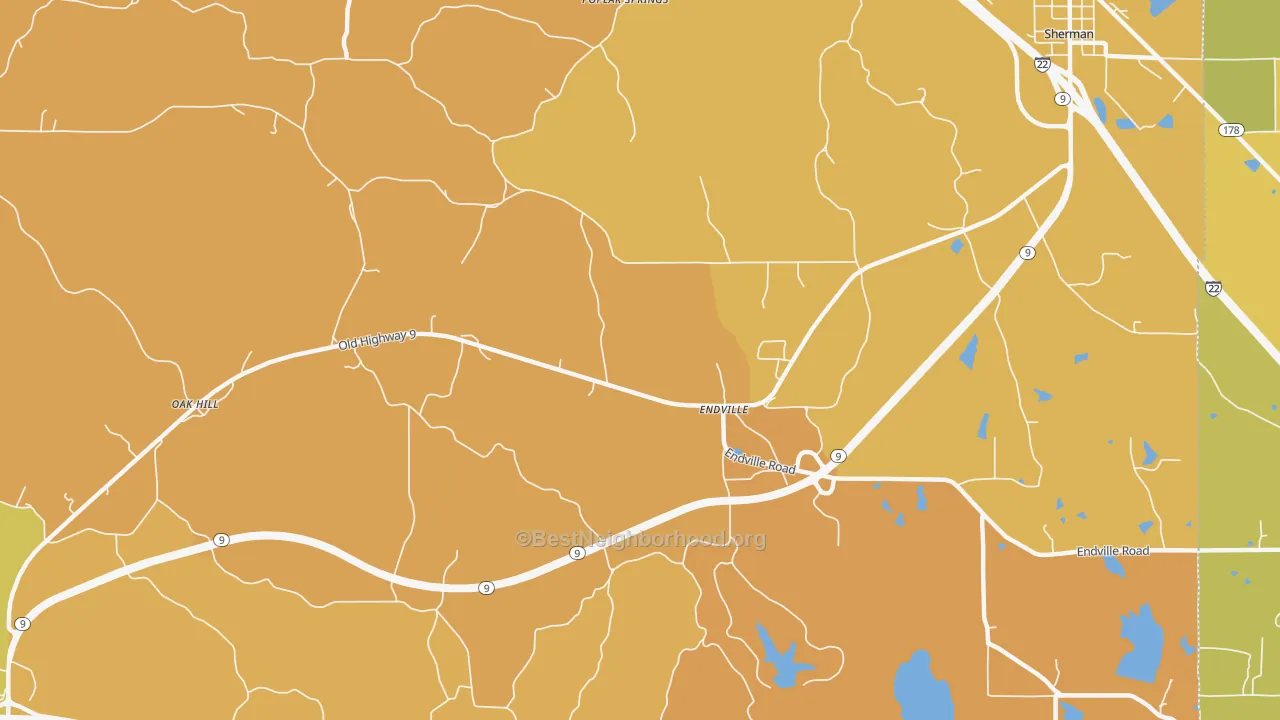 Map of the best neighborhoods in the Endville area, with better matches in green and worse matches in red
