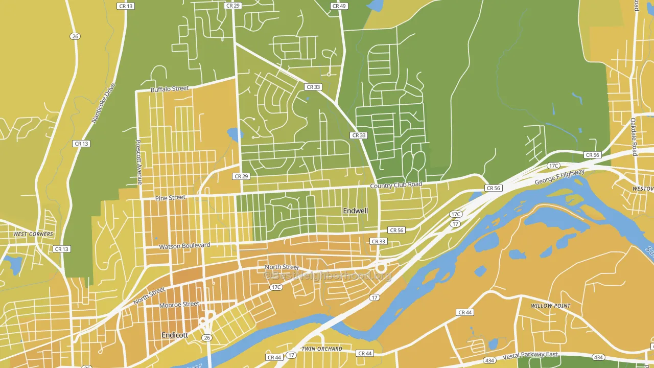 Map of the best neighborhoods in the Endwell area, with better matches in green and worse matches in red
