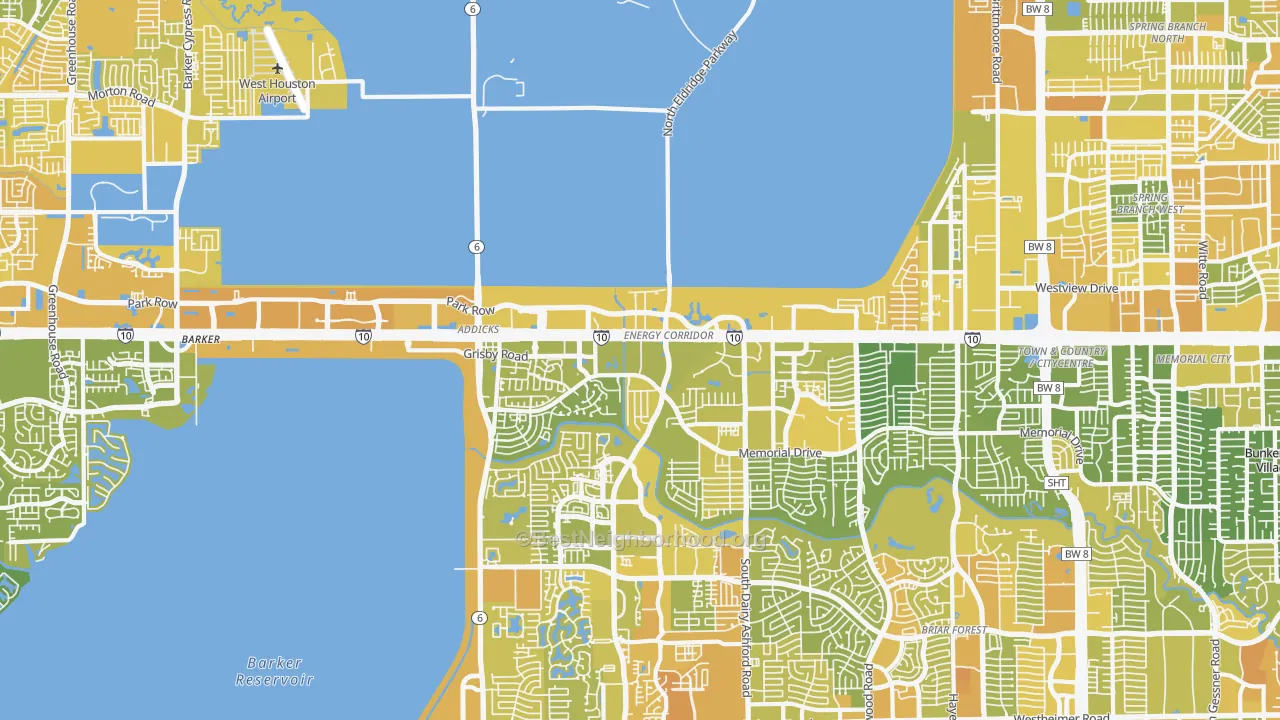 Map of the best neighborhoods in the Energy Corridor, Houston area, with better matches in green and worse matches in red