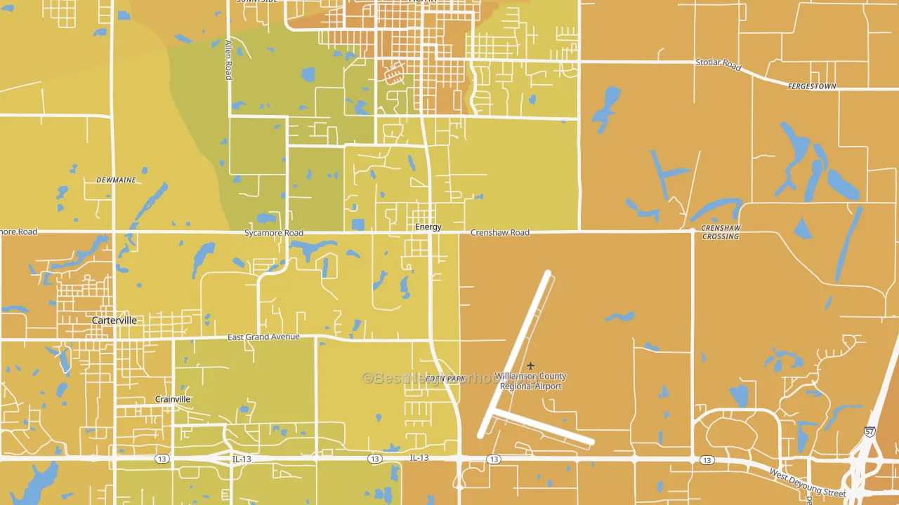 Map of the best neighborhoods in the Energy area, with better matches in green and worse matches in red