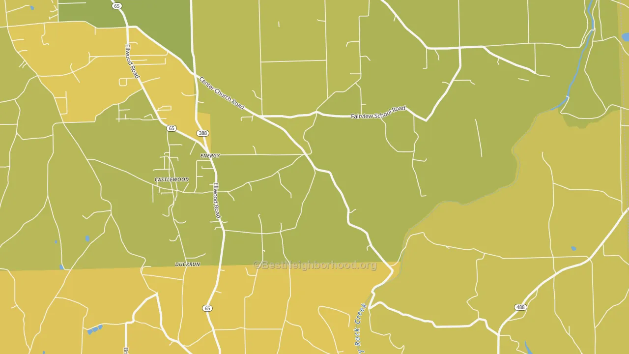 Map of the best neighborhoods in the Energy area, with better matches in green and worse matches in red