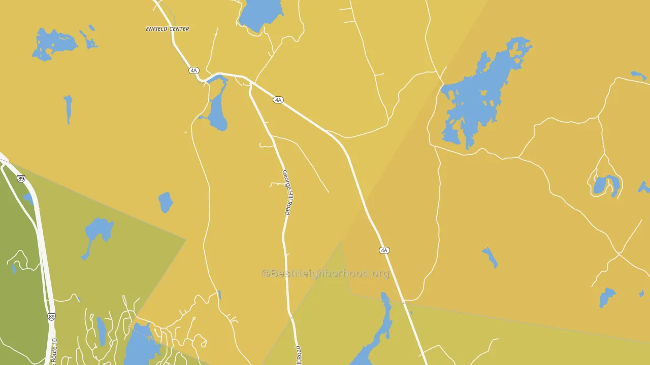 Map of the best neighborhoods in the Enfield Center area, with better matches in green and worse matches in red