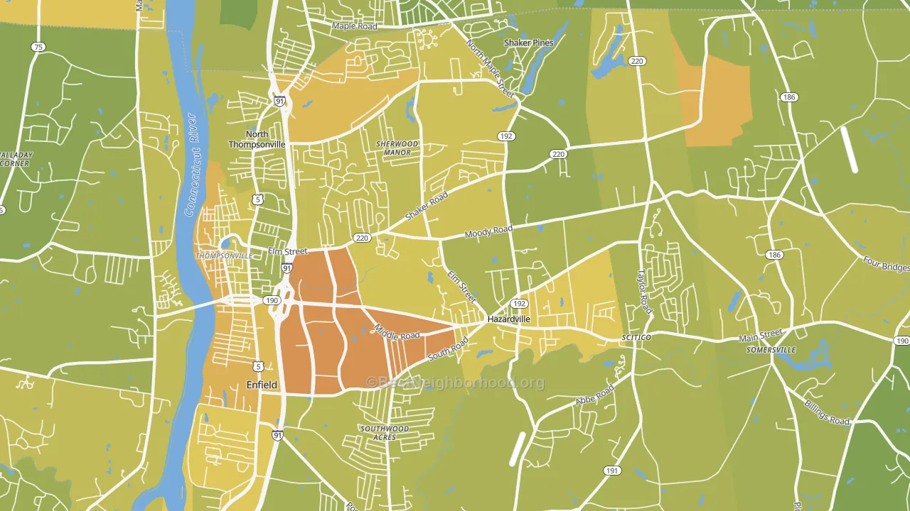 Map of the best neighborhoods in the Enfield area, with better matches in green and worse matches in red