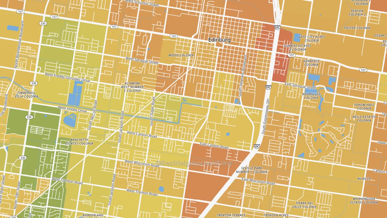 Map of the best neighborhoods in the Enfield Estates, Edinburg area, with better matches in green and worse matches in red