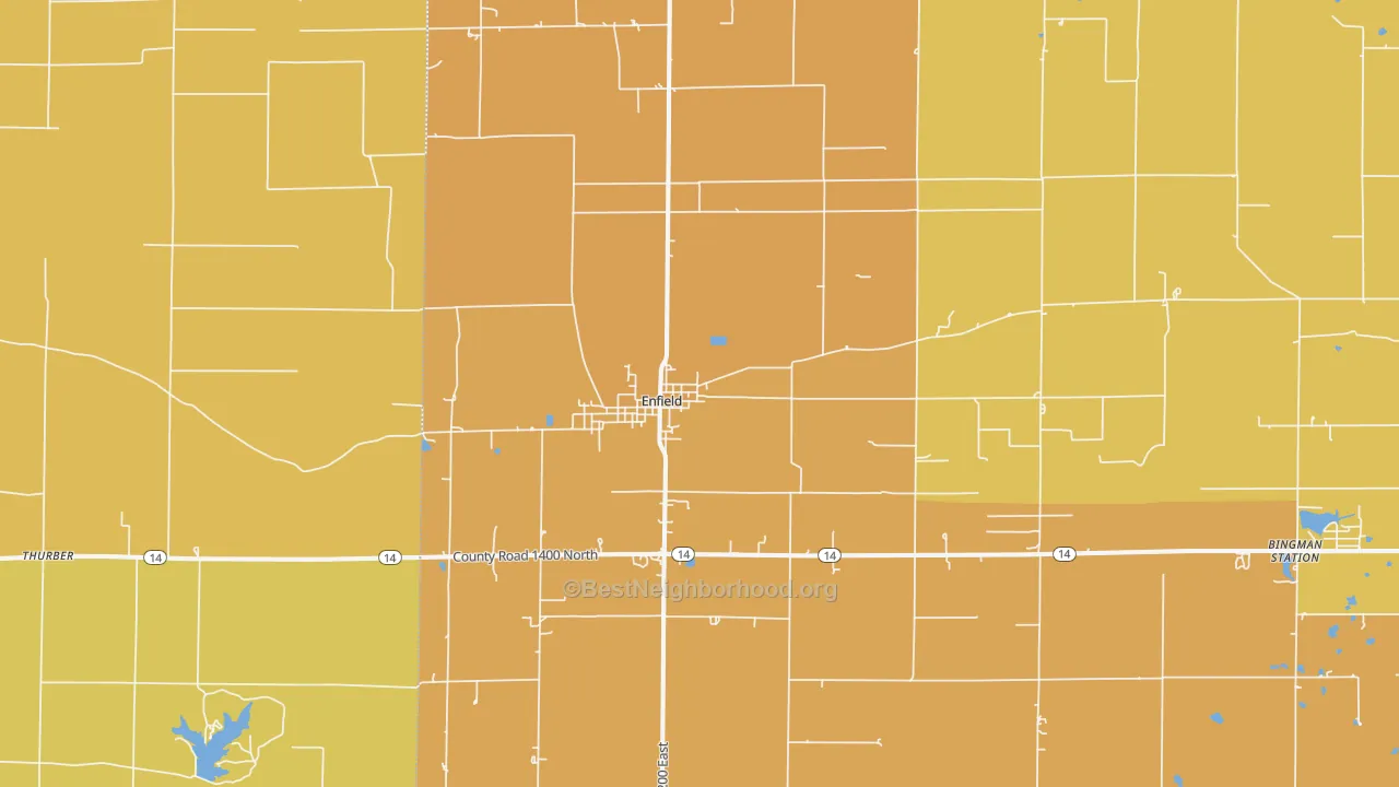 Map of the best neighborhoods in the Enfield area, with better matches in green and worse matches in red