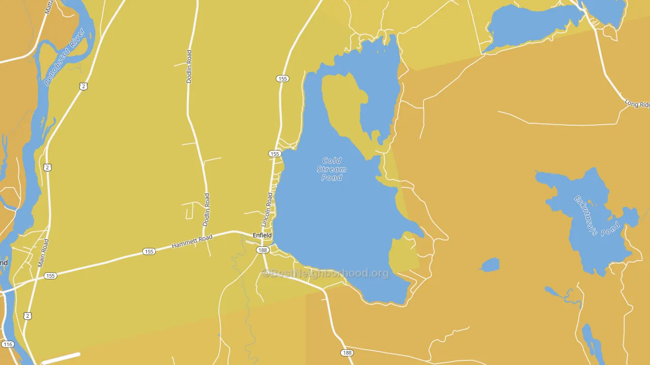 Map of the best neighborhoods in the Enfield area, with better matches in green and worse matches in red