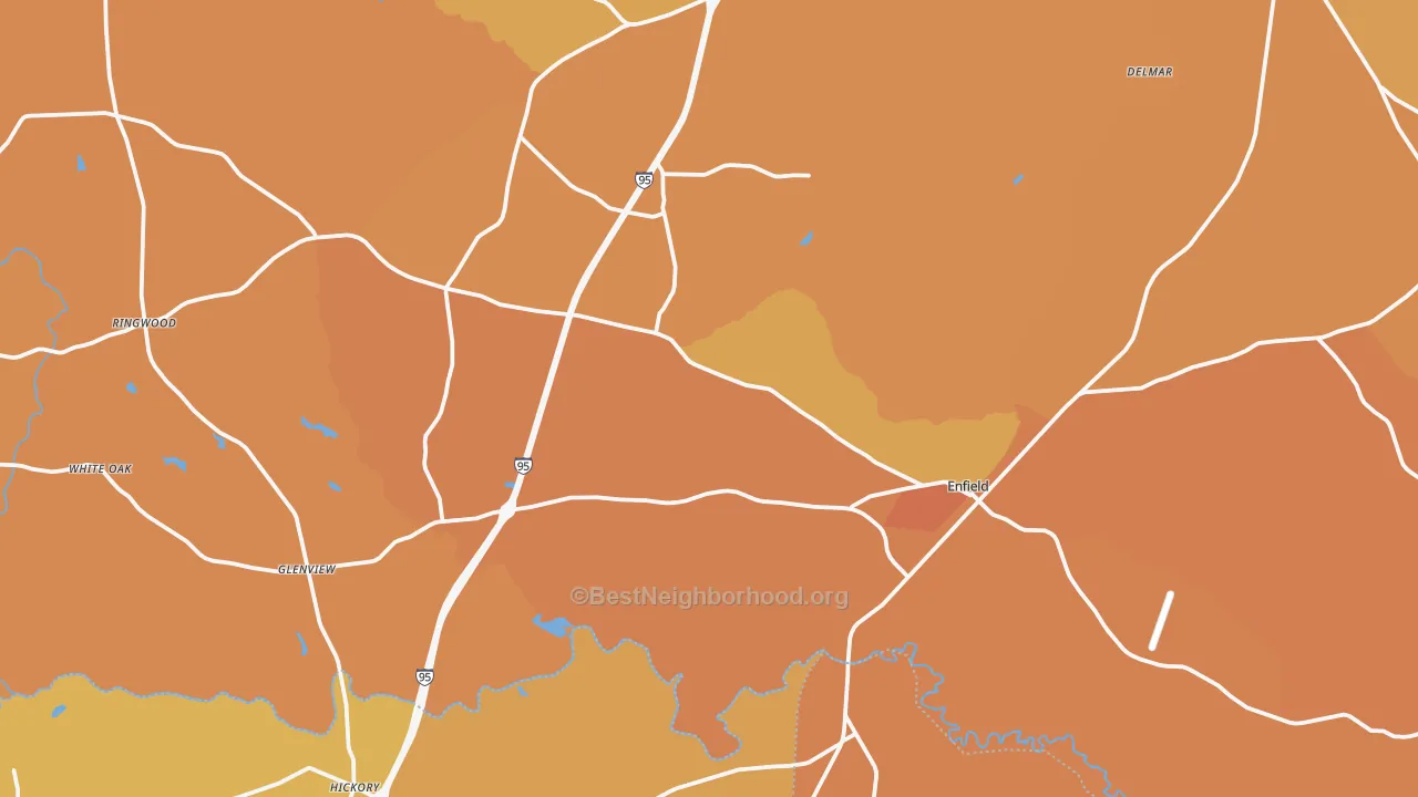 Map of the best neighborhoods in the Enfield area, with better matches in green and worse matches in red