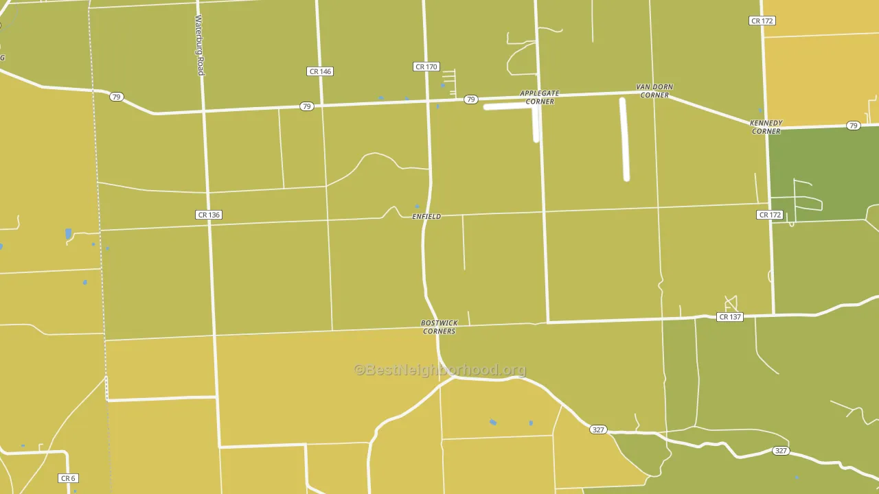 Map of the best neighborhoods in the Enfield area, with better matches in green and worse matches in red