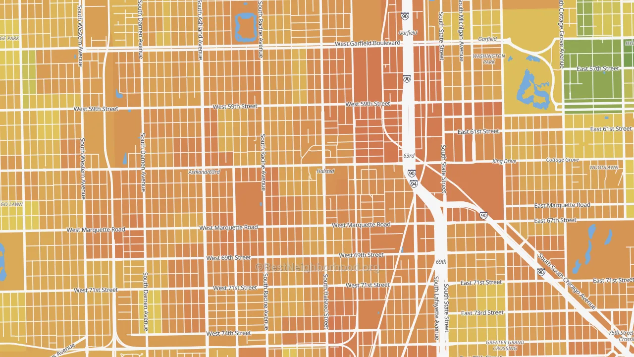 Map of the best neighborhoods in the Englewood, Chicago area, with better matches in green and worse matches in red
