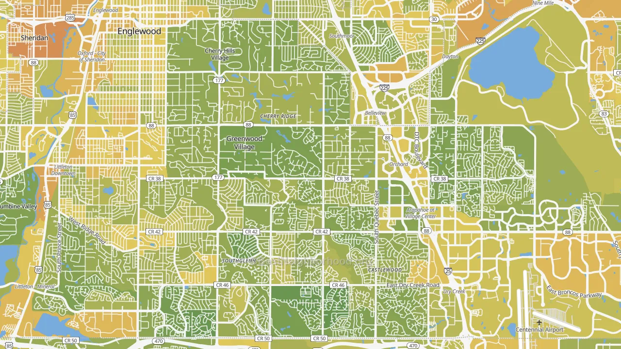 Map of the best neighborhoods in the Englewood area, with better matches in green and worse matches in red