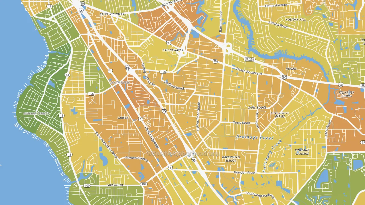 Map of the best neighborhoods in the Englewood, Jacksonville area, with better matches in green and worse matches in red