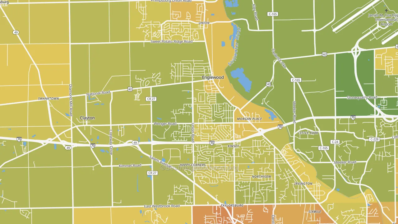 Map of the best neighborhoods in the Englewood area, with better matches in green and worse matches in red