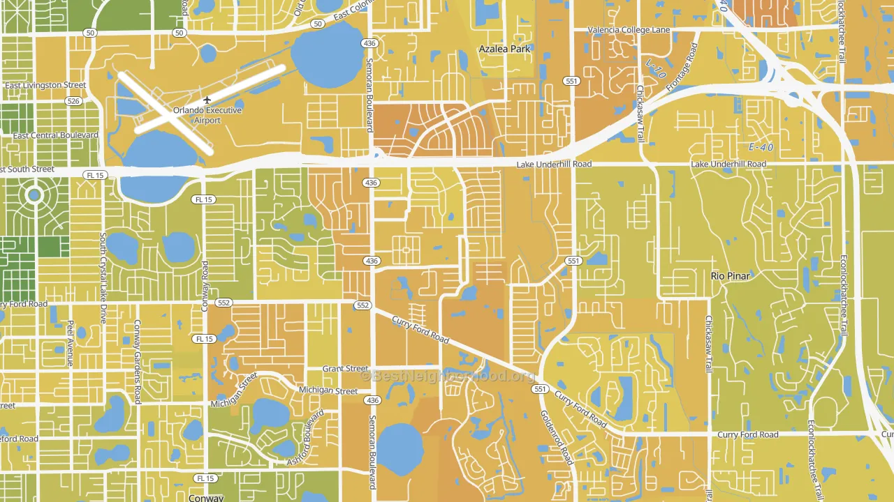 Map of the best neighborhoods in the Englewood Park, Orlando area, with better matches in green and worse matches in red