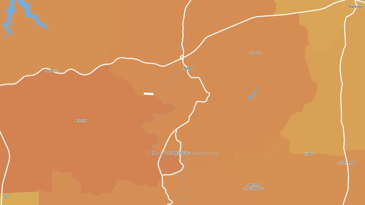 Map of the best neighborhoods in the English area, with better matches in green and worse matches in red