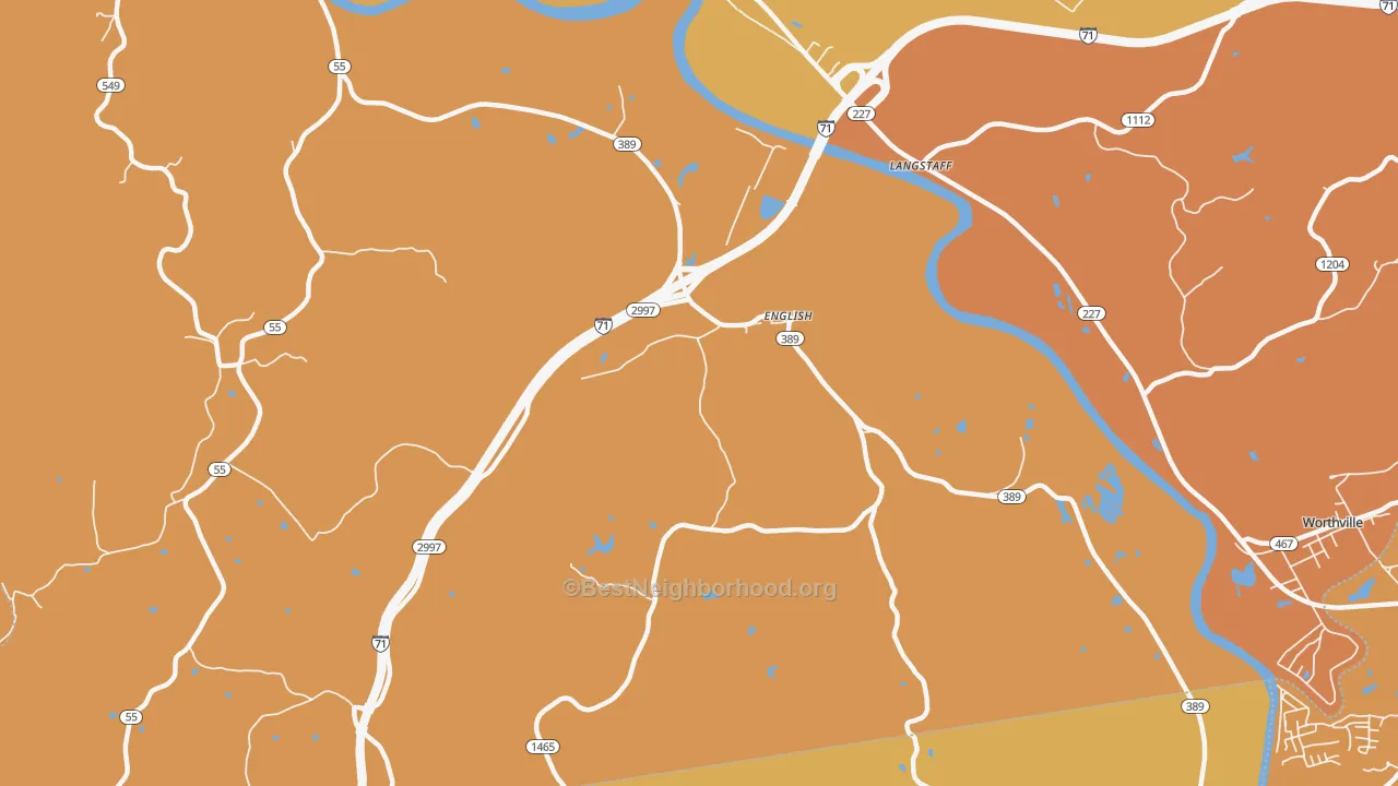 Map of the best neighborhoods in the English area, with better matches in green and worse matches in red