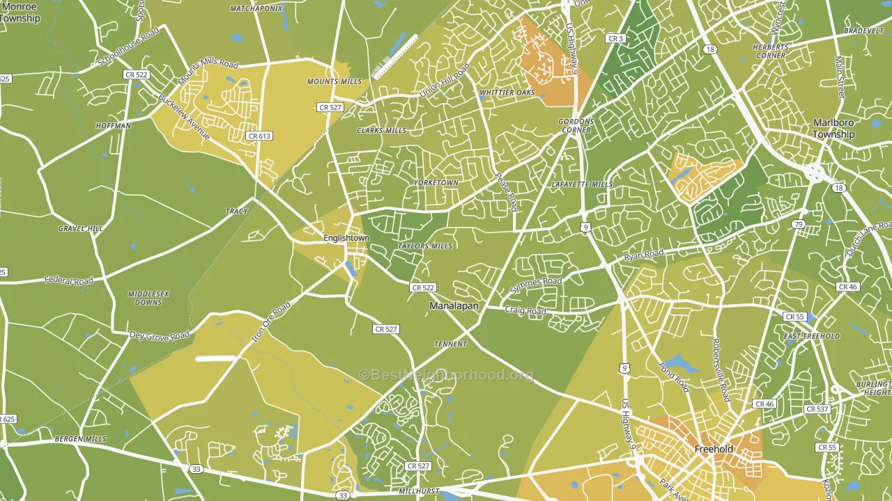 Map of the best neighborhoods in the Englishtown area, with better matches in green and worse matches in red