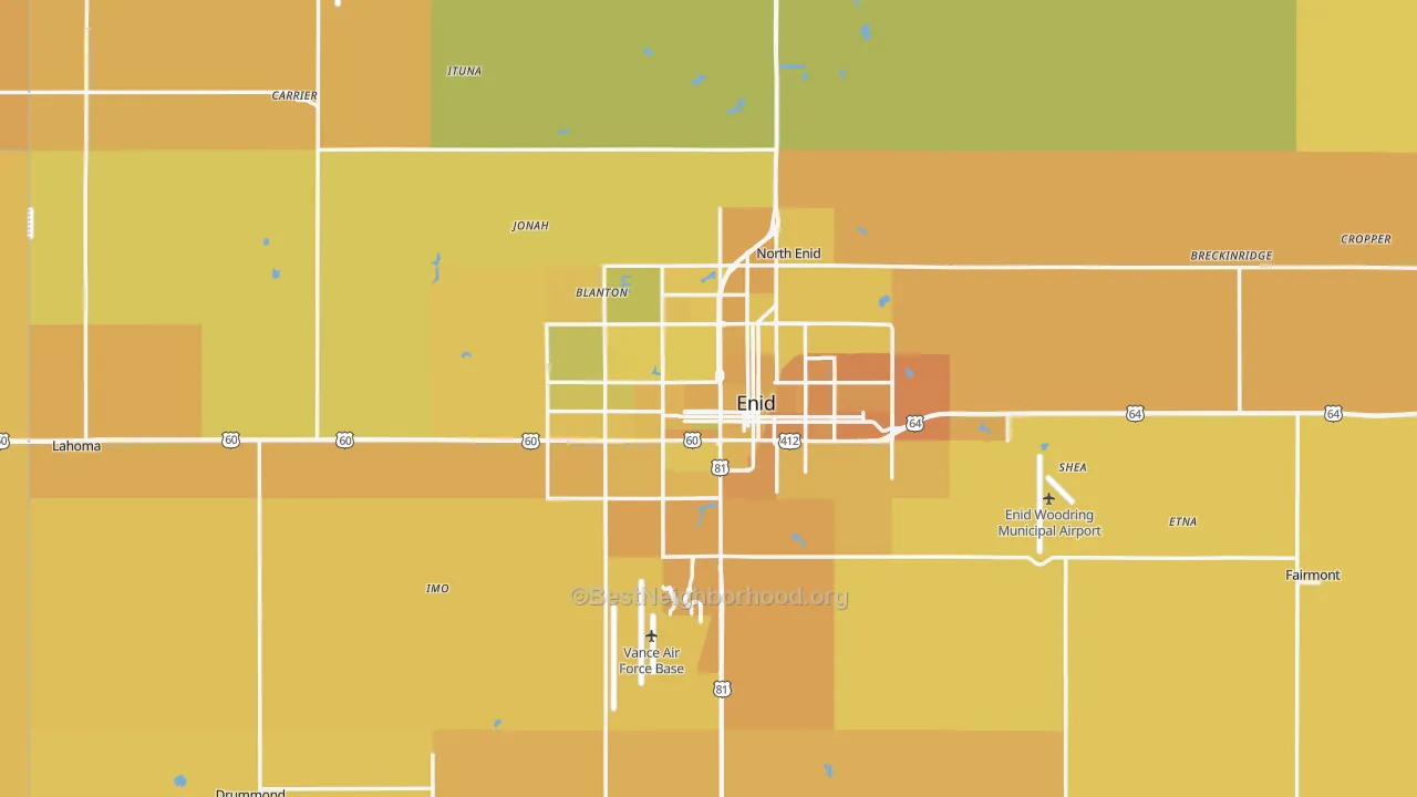 Map of the best neighborhoods in the Enid Metro area, with better matches in green and worse matches in red