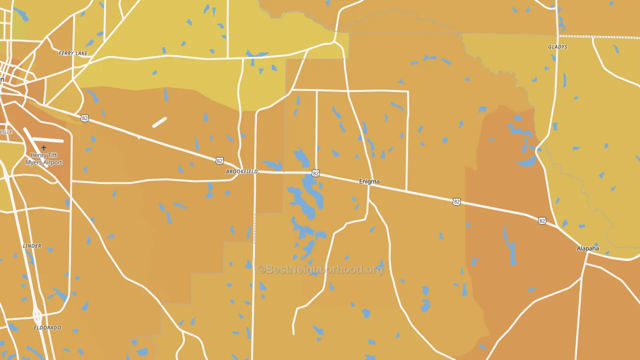 Map of the best neighborhoods in the Enigma area, with better matches in green and worse matches in red
