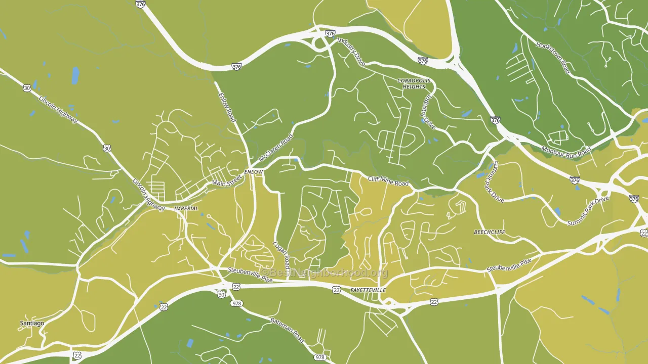 Map of the best neighborhoods in the Enlow area, with better matches in green and worse matches in red