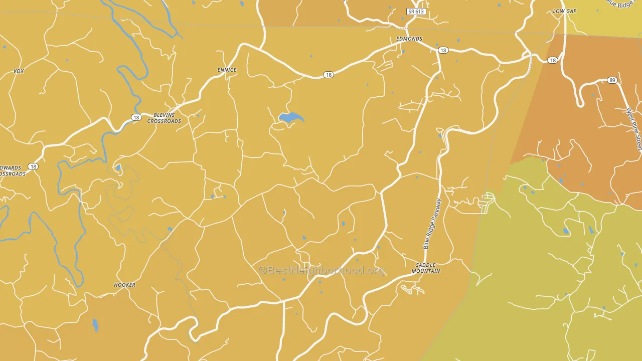 Map of the best neighborhoods in the Ennice area, with better matches in green and worse matches in red