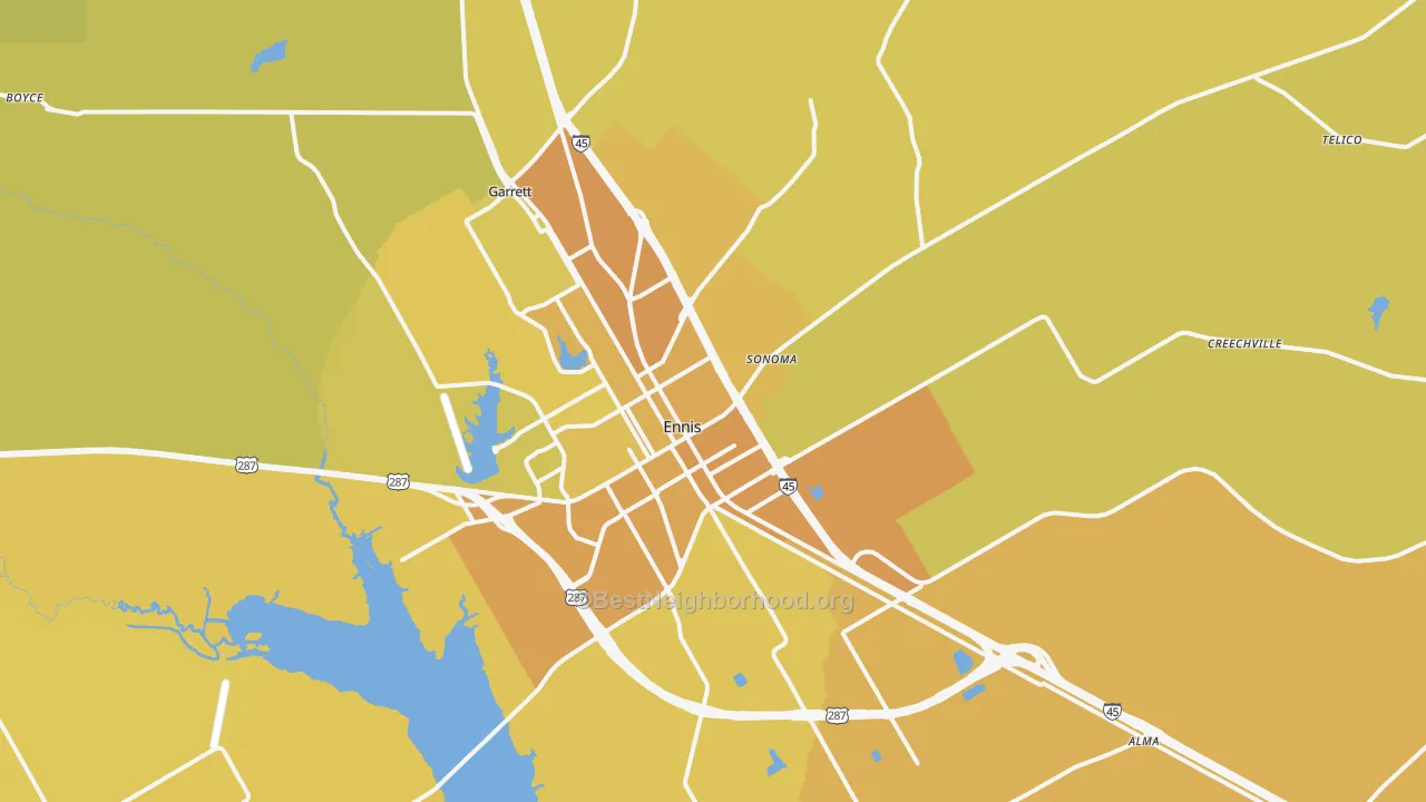 Map of the best neighborhoods in the Ennis area, with better matches in green and worse matches in red