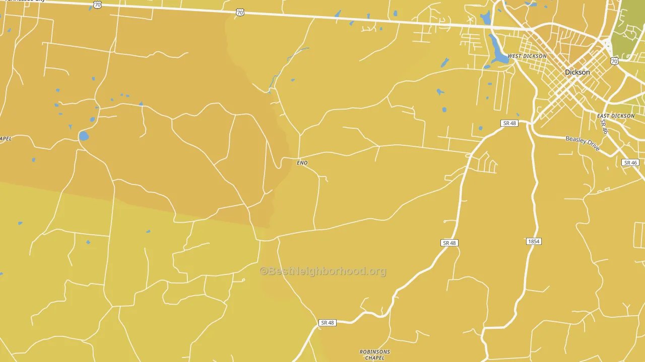 Map of the best neighborhoods in the Eno area, with better matches in green and worse matches in red