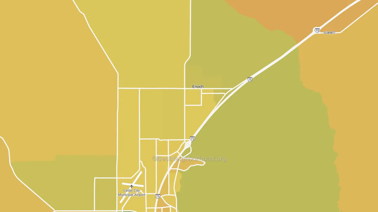 Map of the best neighborhoods in the Enoch area, with better matches in green and worse matches in red