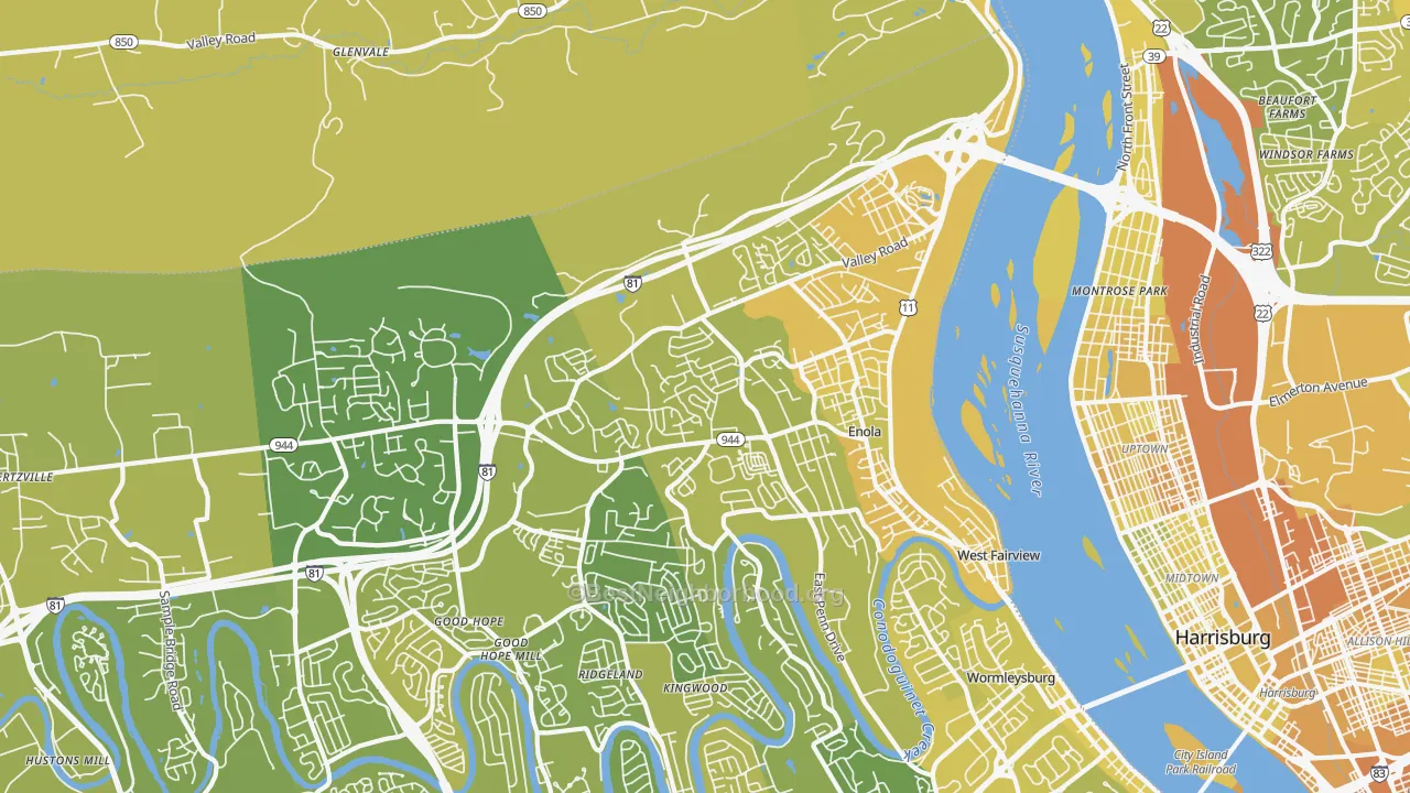 Map of the best neighborhoods in the Enola area, with better matches in green and worse matches in red