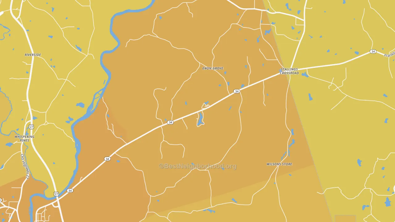 Map of the best neighborhoods in the Enon Grove area, with better matches in green and worse matches in red