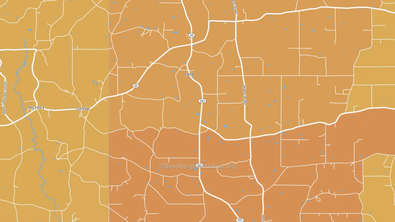 Map of the best neighborhoods in the Enon area, with better matches in green and worse matches in red