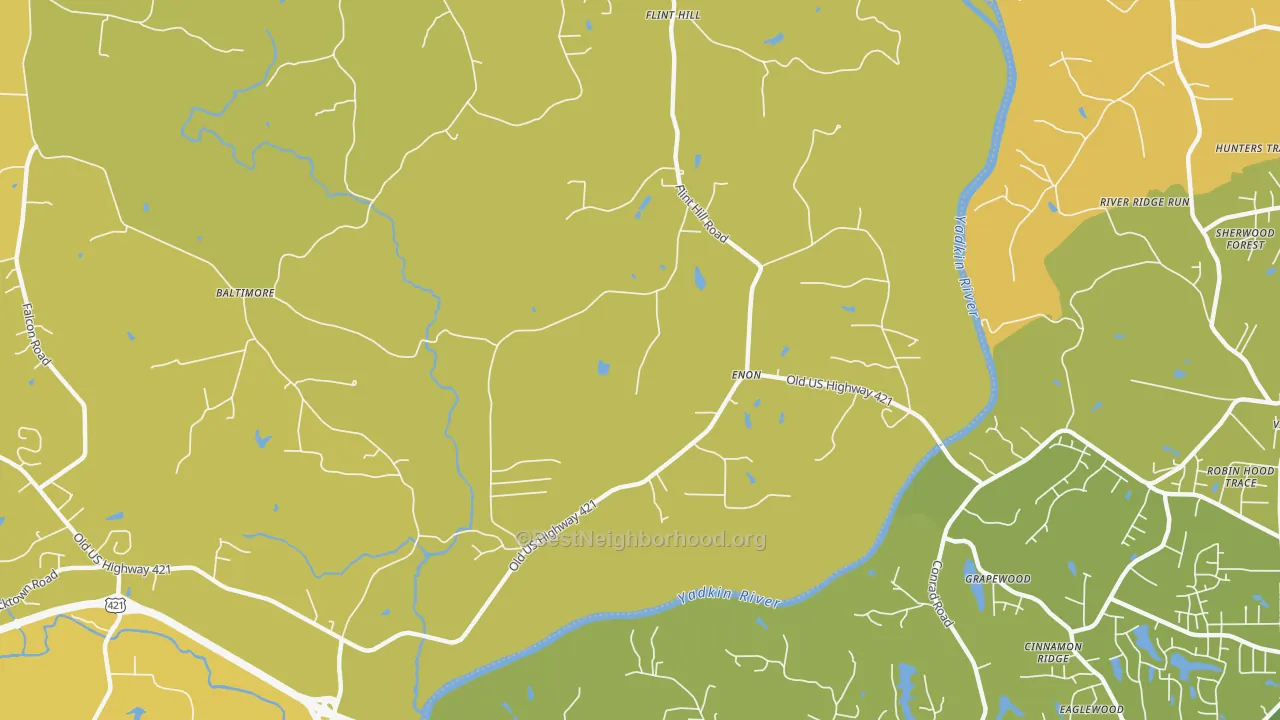 Map of the best neighborhoods in the Enon area, with better matches in green and worse matches in red