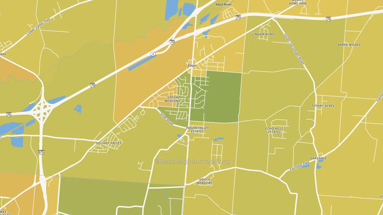 Map of the best neighborhoods in the Enon area, with better matches in green and worse matches in red