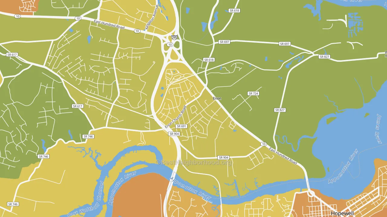 Map of the best neighborhoods in the Enon area, with better matches in green and worse matches in red