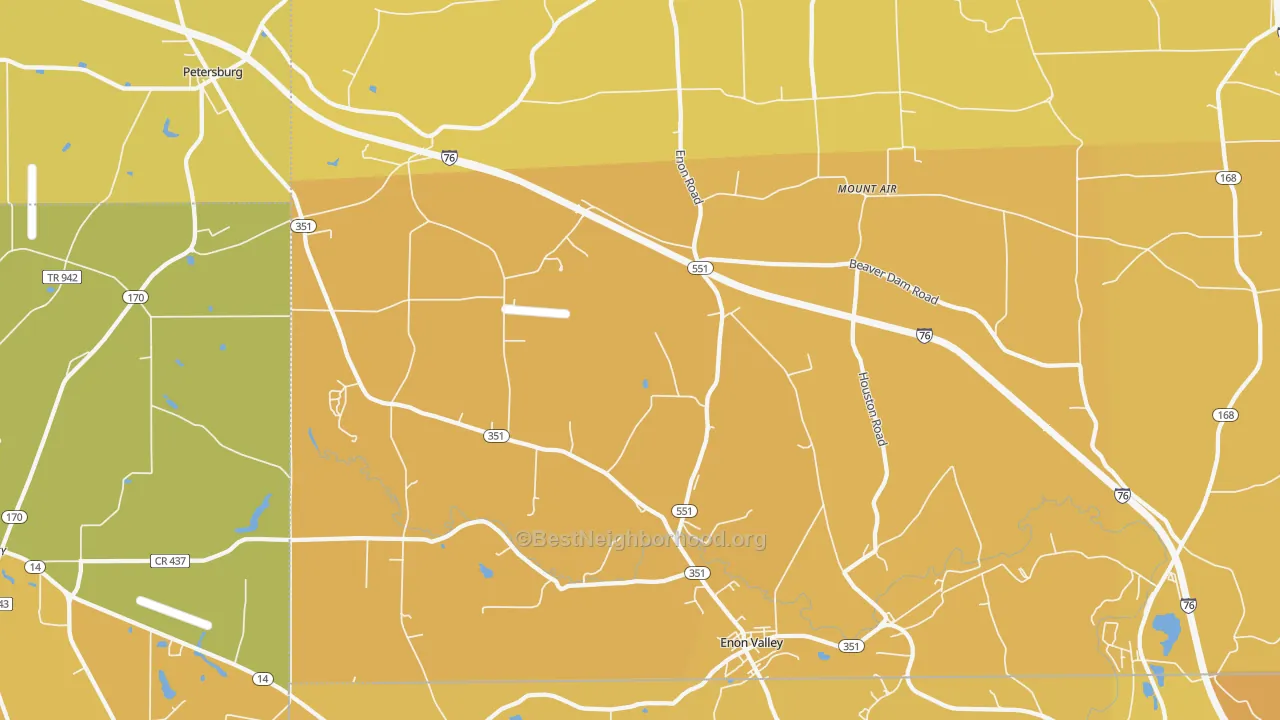 Map of the best neighborhoods in the Enon Valley area, with better matches in green and worse matches in red