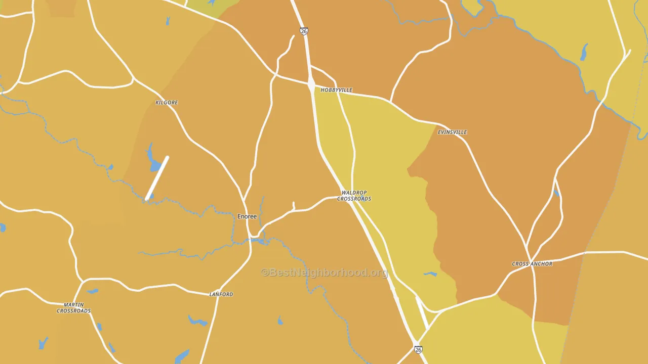 Map of the best neighborhoods in the Enoree area, with better matches in green and worse matches in red